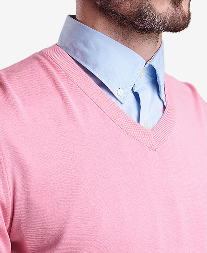 Barbour Men's Clyde Medium Pink VNeck Sweater with Tartan Elbow