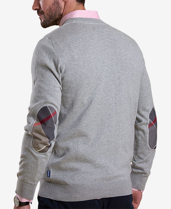 Barbour Men's Clyde Medium Gray VNeck Sweater with Tartan Elbow