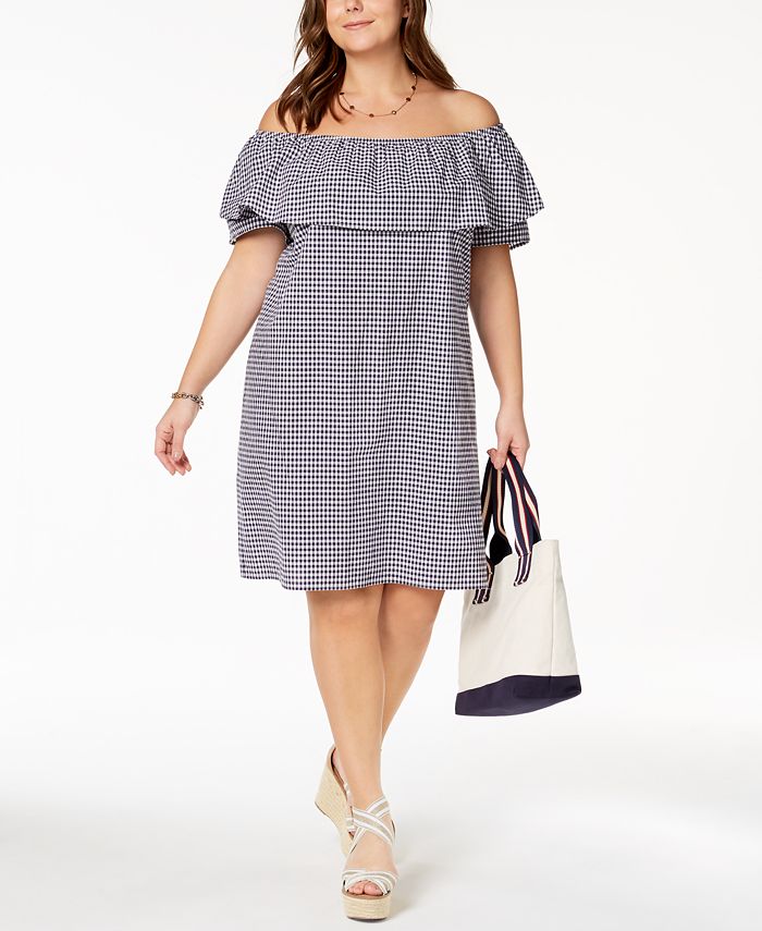 Tommy Hilfiger Plus Size Cotton Gingham Off-The-Shoulder Dress, Created ...