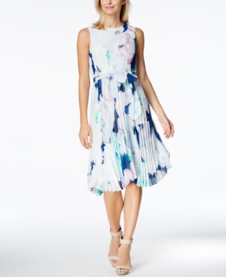 Calvin Klein Printed Pleated Chiffon Fit & Flare Dress - Macy's