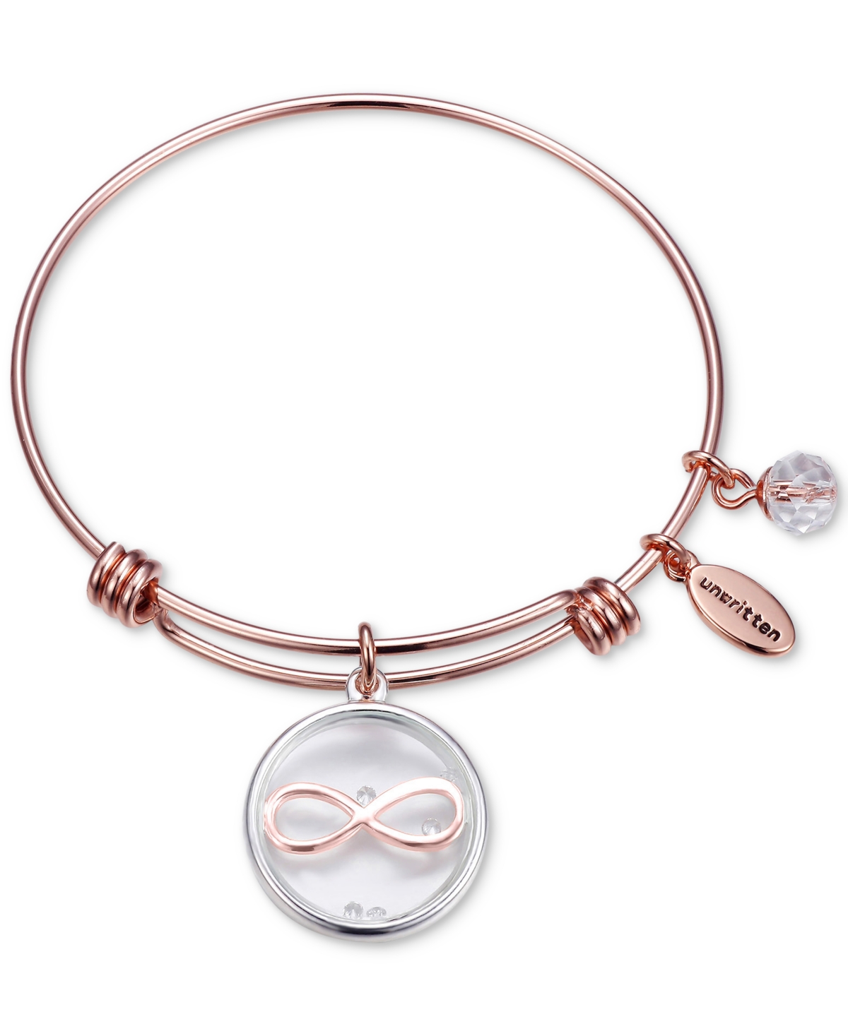 Infinity Glass Shaker Charm Adjustable Bangle Bracelet in Rose Gold-Tone Stainless Steel with Silver Plated Charms - Two Tone