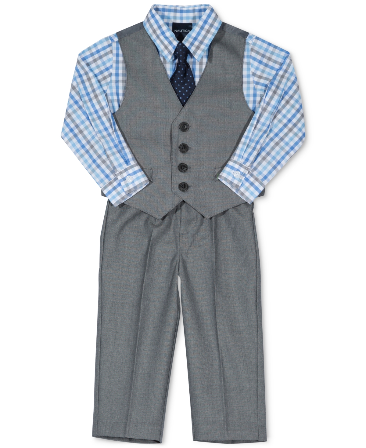 Shop Nautica Baby Boys Sharkskin Suit Vest, Pants, Shirt And Tie, 4 Piece Set In Light Gray