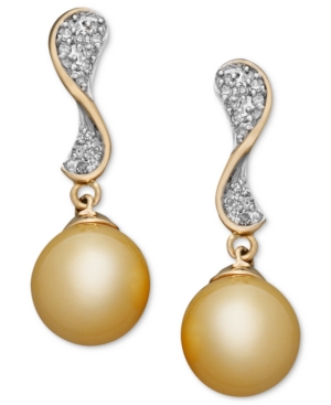 image of 14k Gold Earrings, Cultured Golden South Sea Pearl (10mm) and Diamond (1/4 ct. t.w.) Wave Earrings