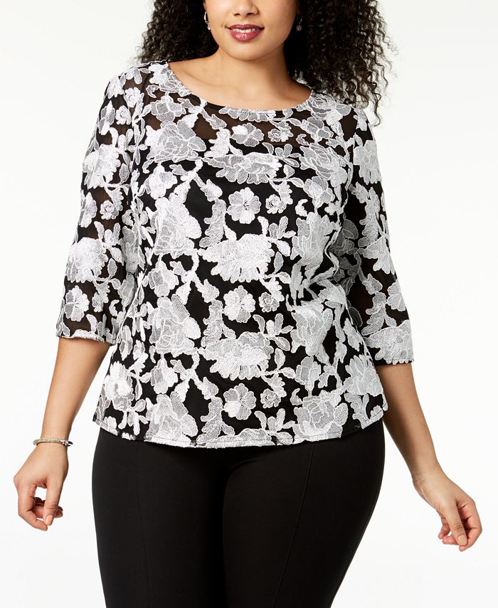 Alex Evenings Plus Size Embroidered Mesh Top - Macy's
