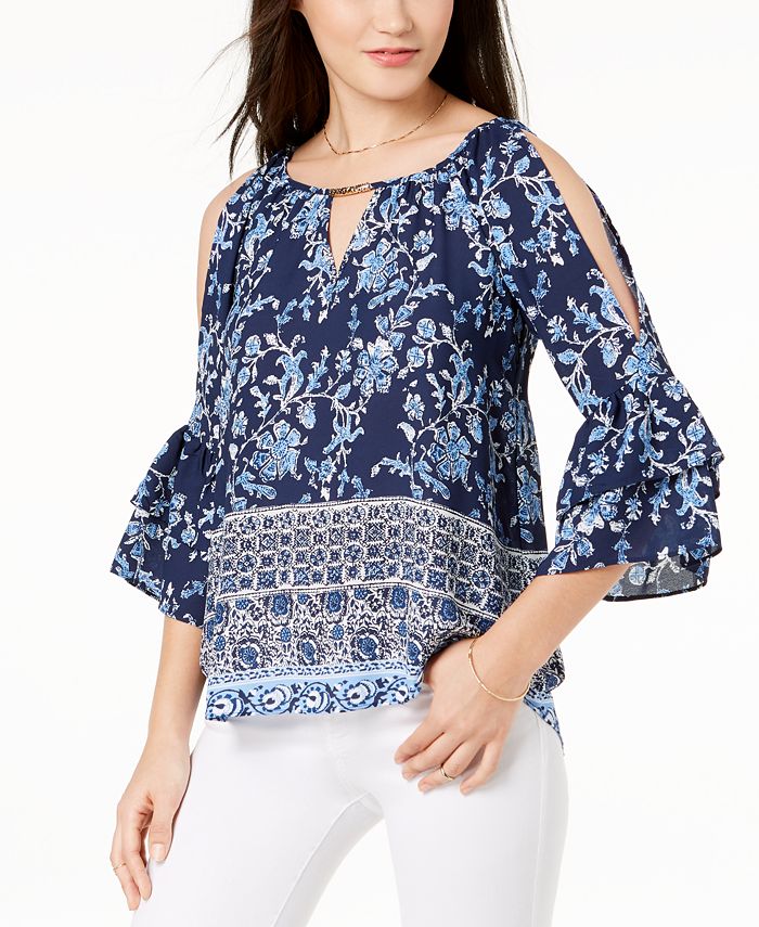 BCX Juniors' Printed Ruffle-Sleeved Cold-Shoulder Blouse - Macy's