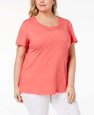 Karen Scott - Plus Size Basketweave-Trim T-Shirt
