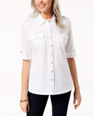 Karen Scott Elbow-Length Roll-Tab-Sleeve Shirt, Created for Macy's - Macy's