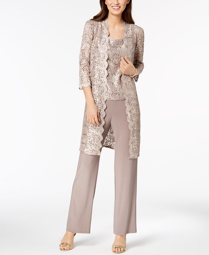 R&M Richards Women's Sequin Net lace Pantsuit with Necklace - Bride Pant  Suit