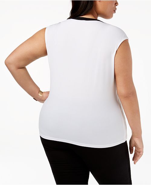 Calvin Klein Plus Size Faux LeatherTrim CapSleeve Top Tops Plus