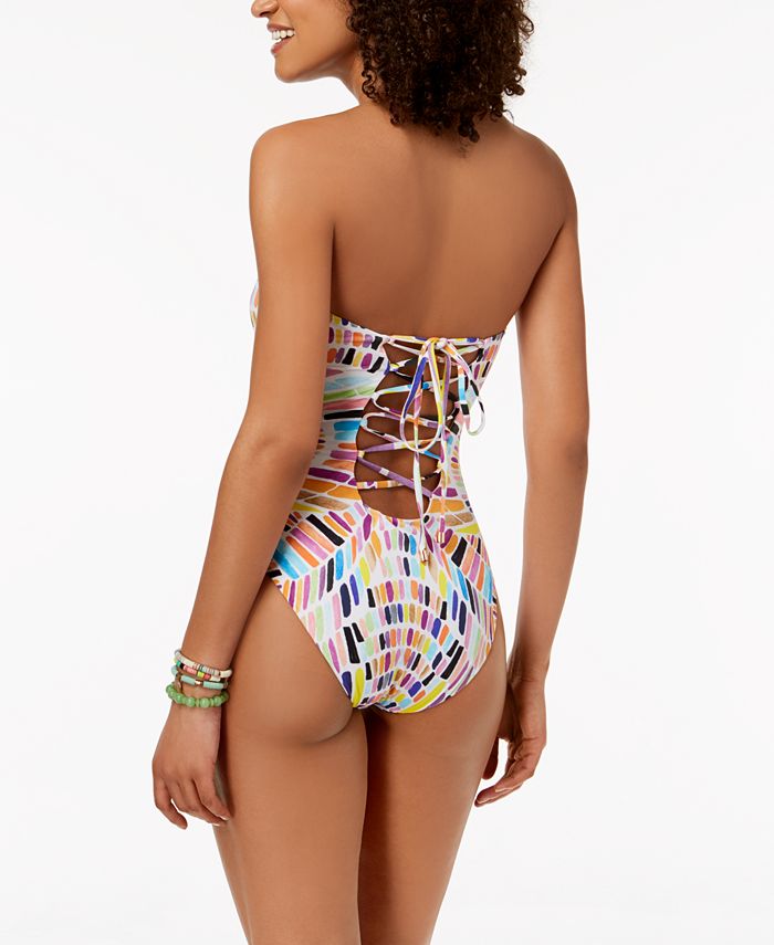 Bar III Kaleidoscope Printed Strapless LaceUp OnePiece Swimsuit