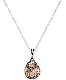 Marcasite & Pink Shell Teardrop 18" Pendant Necklace in Silver-Plate