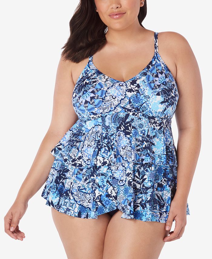 Swim Solutions Plus Size Printed Underwire Tiered Tankini Top, Created ...