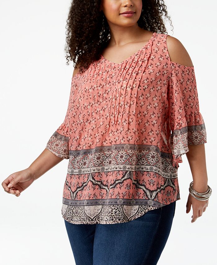 Style & Co Plus Size Mixed-Print Cold-Shoulder Top, Created for Macy's ...