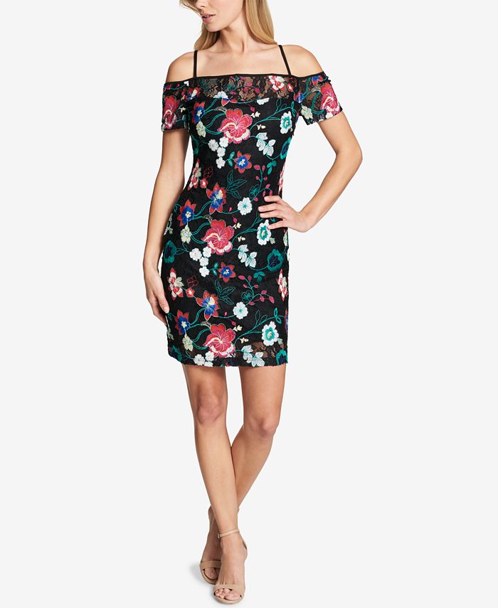 GUESS Floral Embroidered Cold-Shoulder Sheath Dress - Macy's
