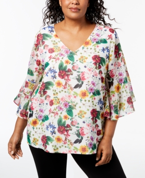 CALVIN KLEIN PLUS SIZE PRINTED BELL-SLEEVE TUNIC, CREATED FOR MACY'S