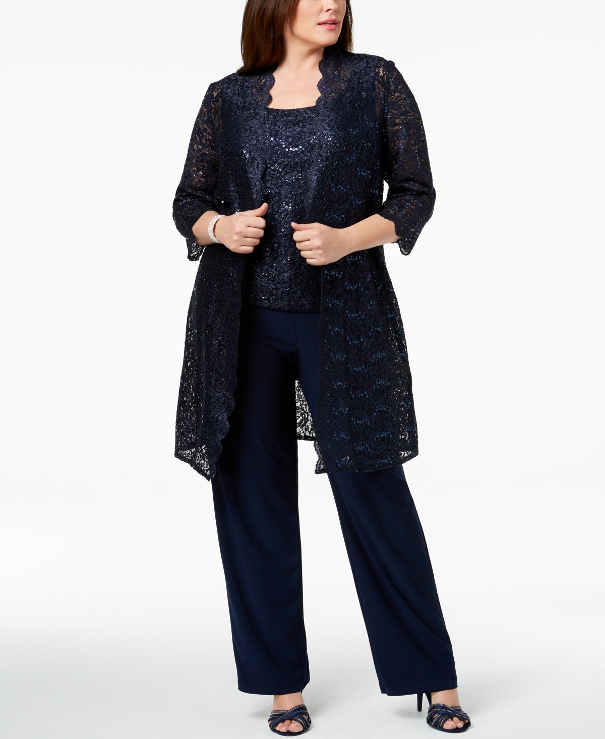 3-Pc. Plus Size Sequined Lace Pantsuit & Shell - Navy