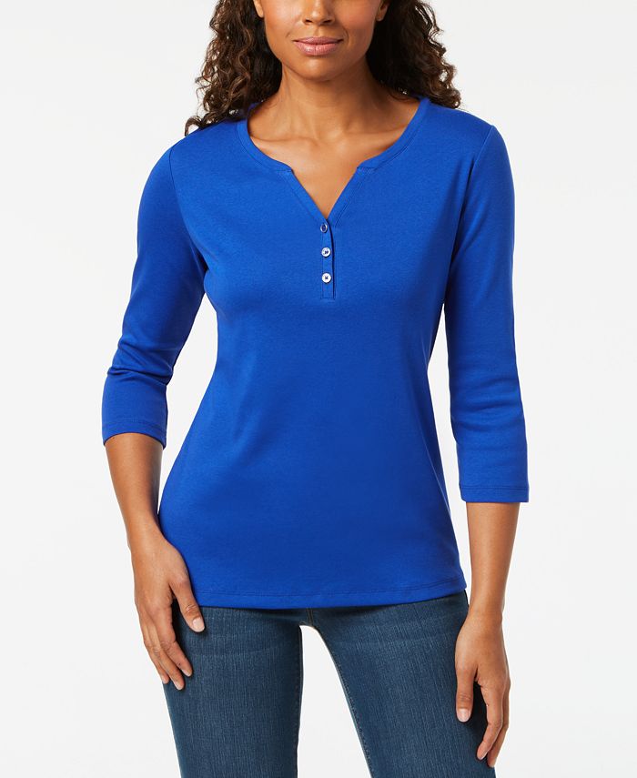 Karen Scott Petite 3/4-Sleeve Henley Shirt, Created for Macy's
