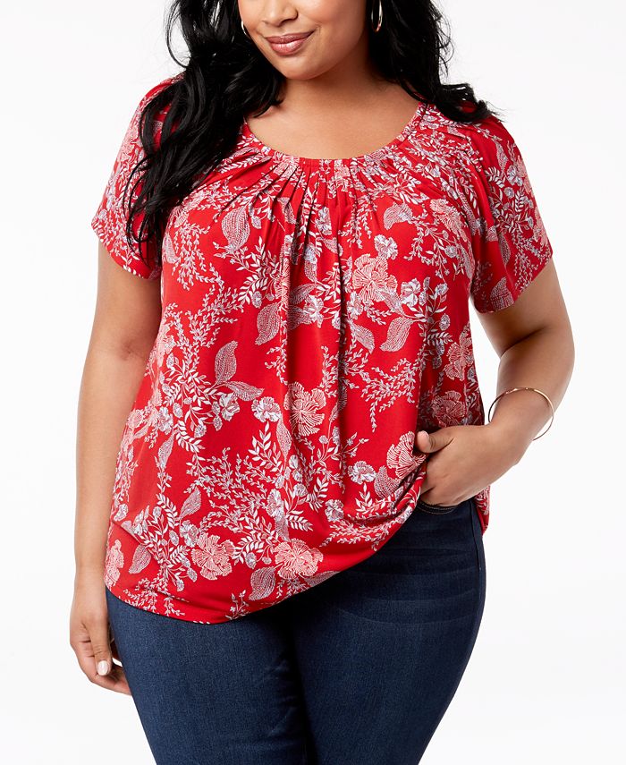 Style & Co Plus Size Print Pleated-Neck Top, Created for Macy's ...