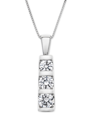 image of Diamond Graduated Three-Stone Pendant Necklace (1 ct. t.w.) in 14k White Gold, 18