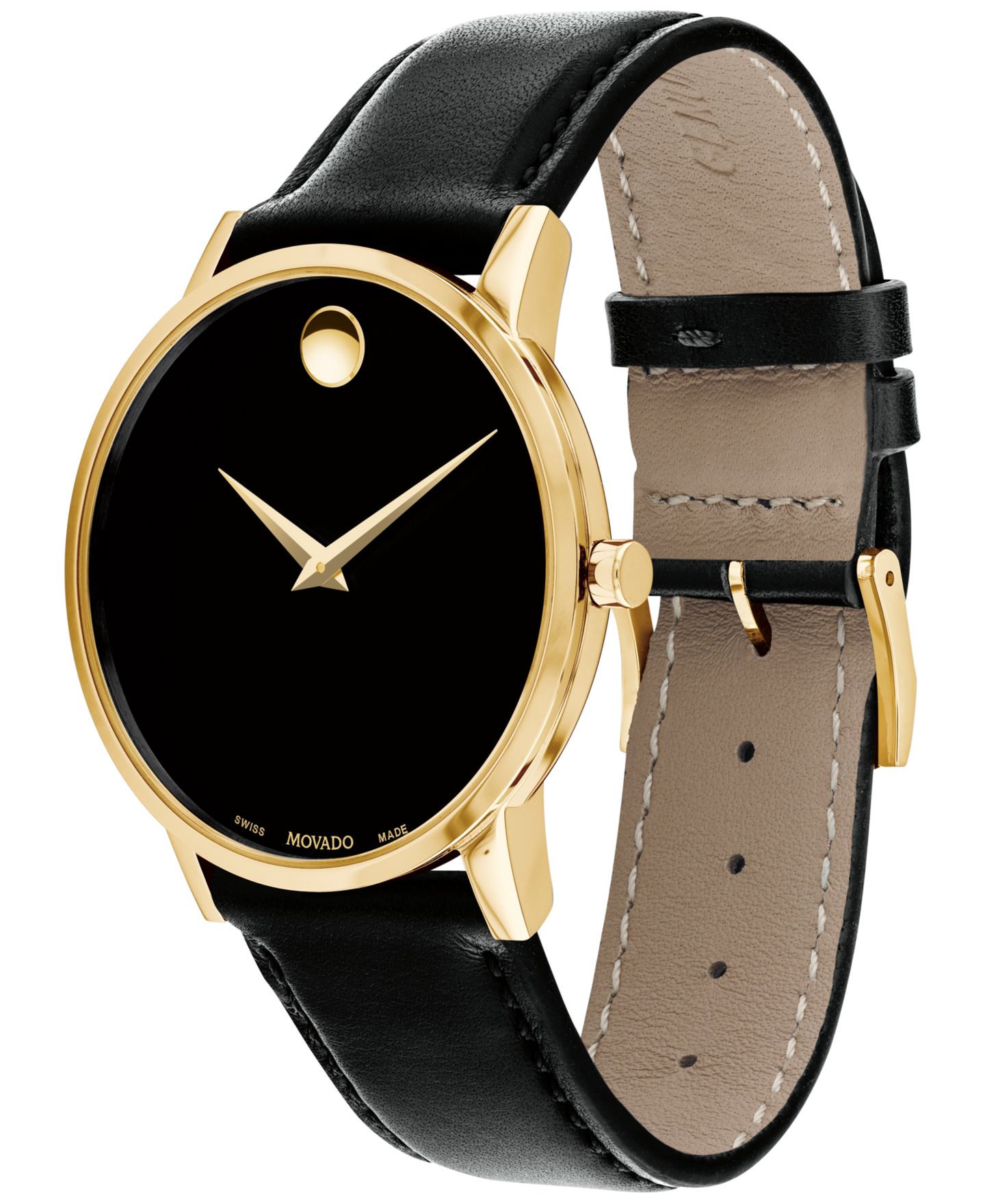 Мужские часы Movado Swiss Museum Classic Black Leather Strap Watch 40mm, цвет: Чёрный / Золотой чёрный — фото 3