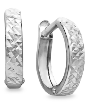 image of 10k White Gold Earrings, Diamond Cut Hinged Hoop Earrings