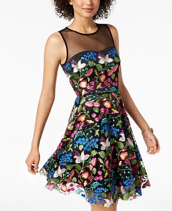 Tahari ASL Floral Embroidered Mesh Illusion Fit Flare Dress Macy s