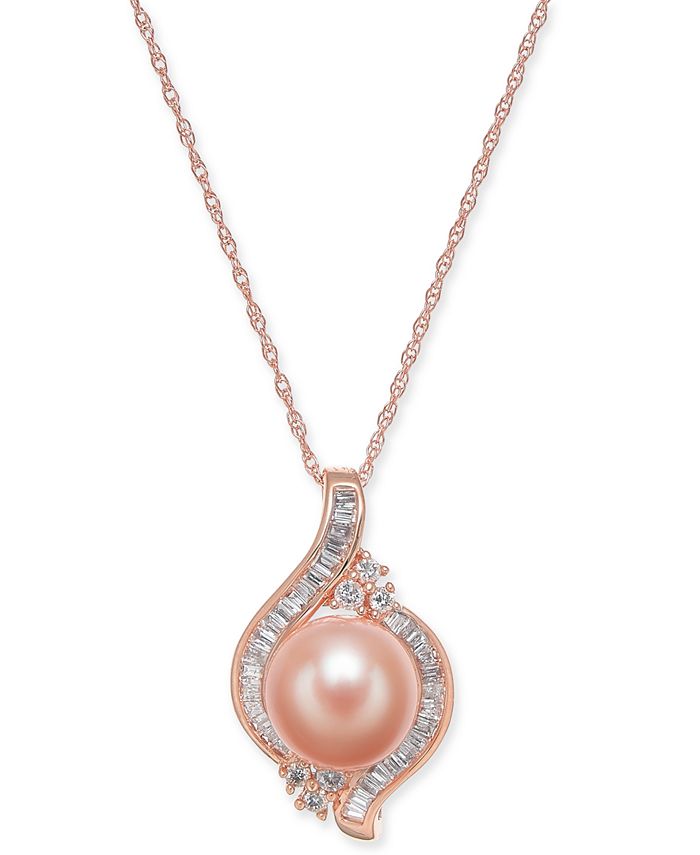 Macy's - Pink Cultured Freshwater Pearl (8mm) & Diamond (1/4 ct. t.w.) 18" Pendant Necklace in 14k Rose Gold