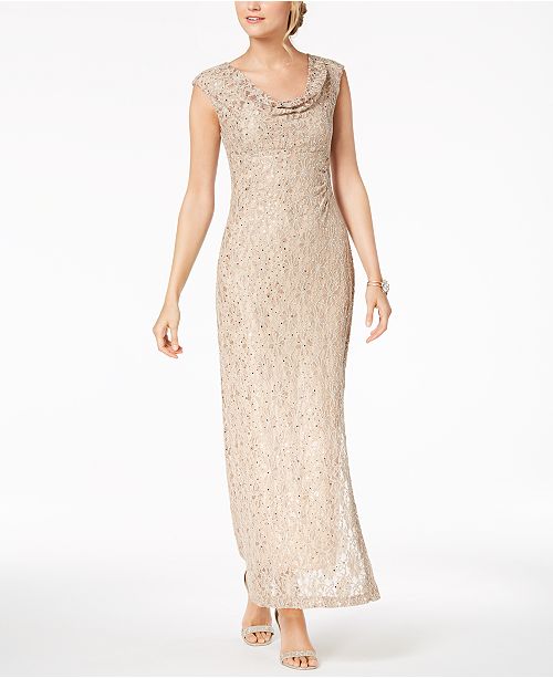 Connected Sequined Lace Cowl-Neck Gown - Dresses - Women - Macy's