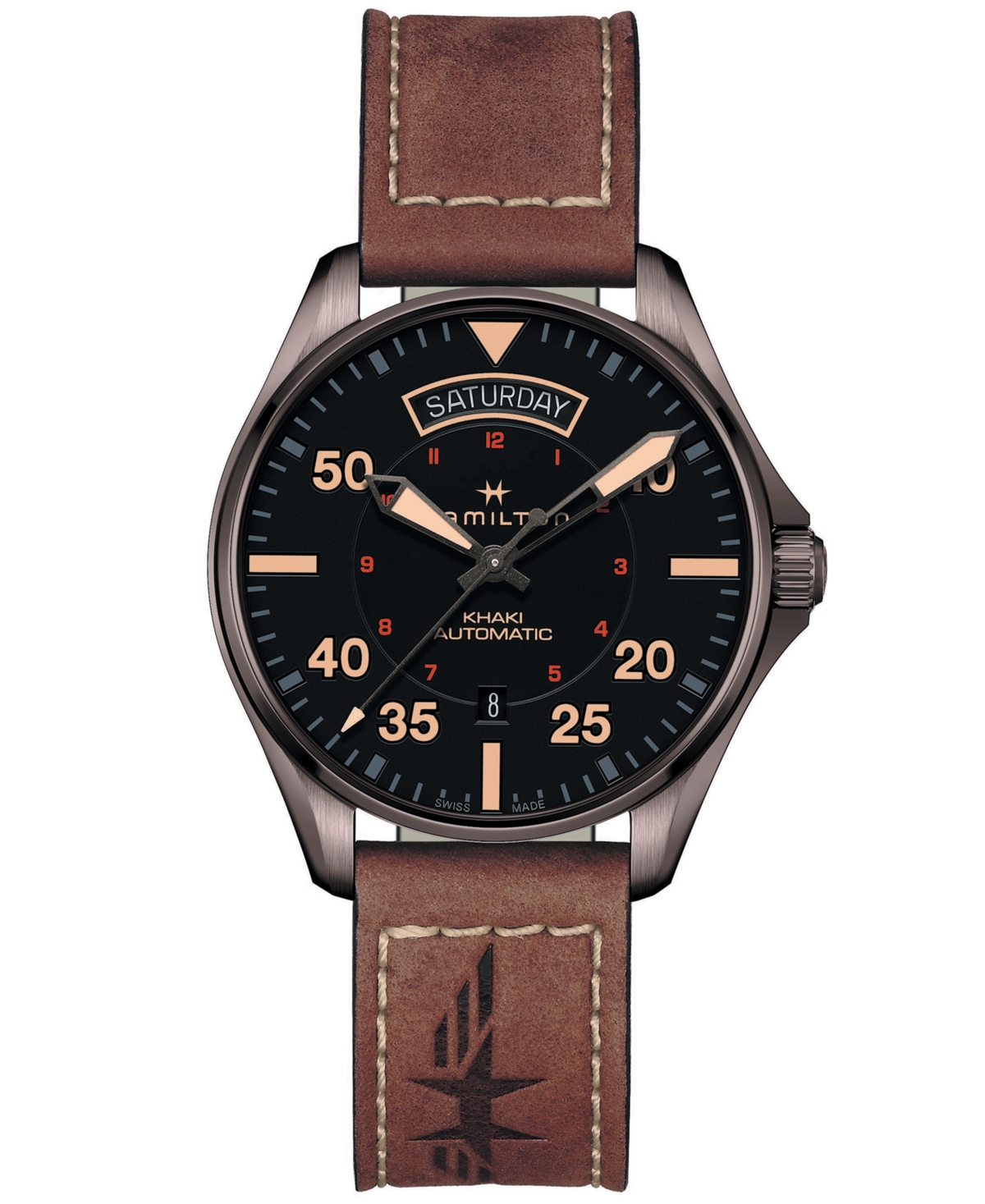 Hamilton Men's Swiss Automatic Khaki Pilot Brown Leather Strap Watch 42mm In Black