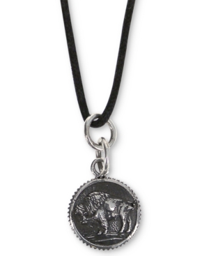 KING BABY MEN'S BUFFALO COIN-LOOK BLACK CORD 24" PENDANT NECKLACE IN STERLING SILVER
