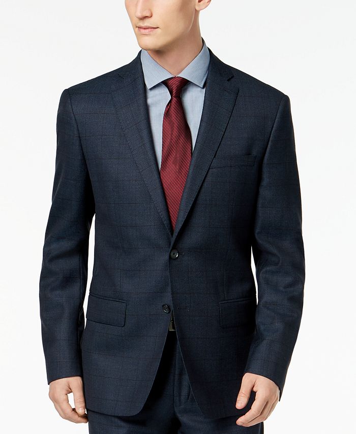 DKNY Men's Slim-Fit Blue/Tan Windowpane Suit Jacket & Reviews - Blazers ...