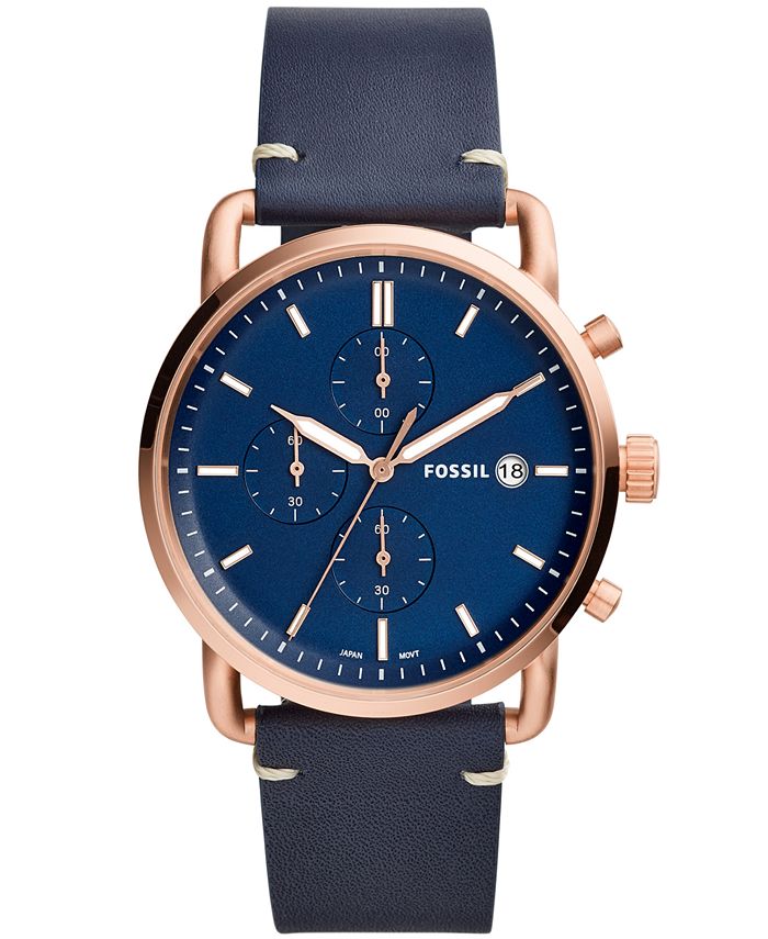 Fossil Men's Chronograph Commuter Navy Leather Strap Watch 42mm ...