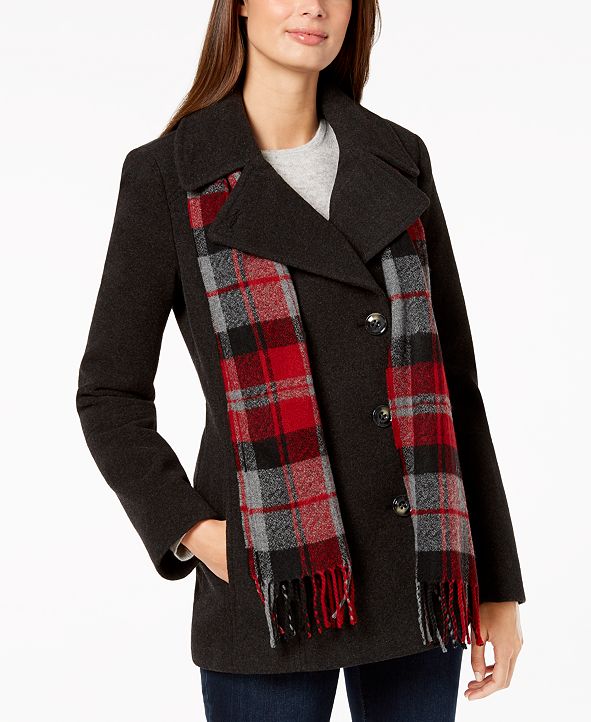 London Fog Double-Breasted Plaid-Scarf Peacoat & Reviews - Coats ...