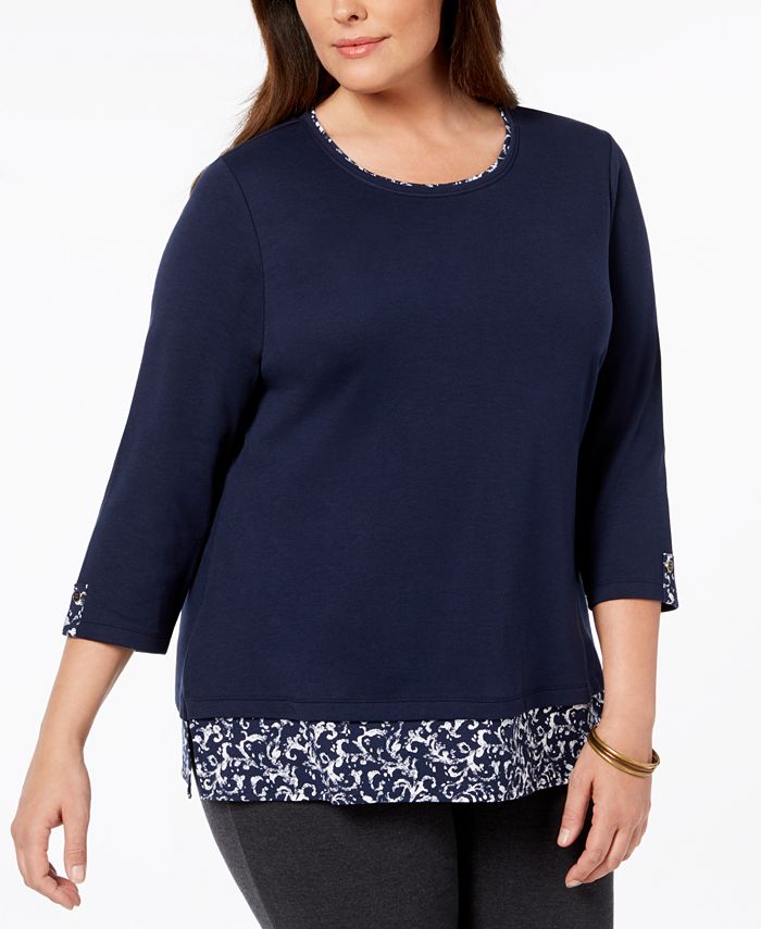 Karen Scott Plus Size 3/4-Sleeve Layered-Look Top, Created for Macy's ...