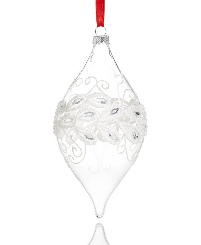 Holiday Lane Glass Drop Ornament with Beaded White Peacock Pattern