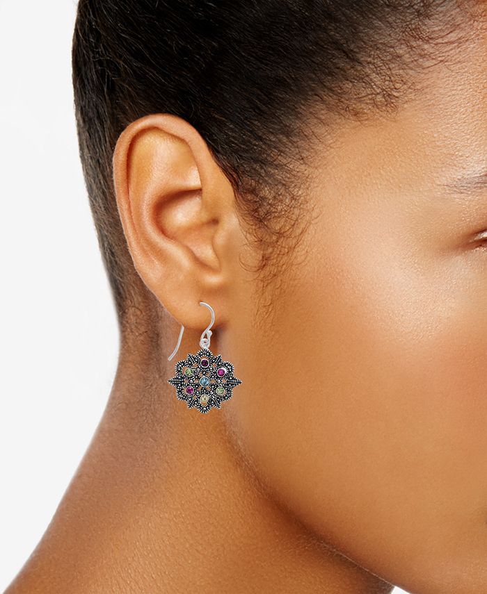 Macy's - Marcasite & Colored Crystal Openwork Drop Earrings in Silver-Plate
