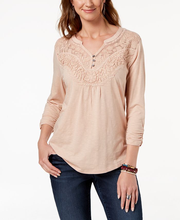 Style & Co Petite Embroidered Split-Neck Top, Created for Macy's - Macy's
