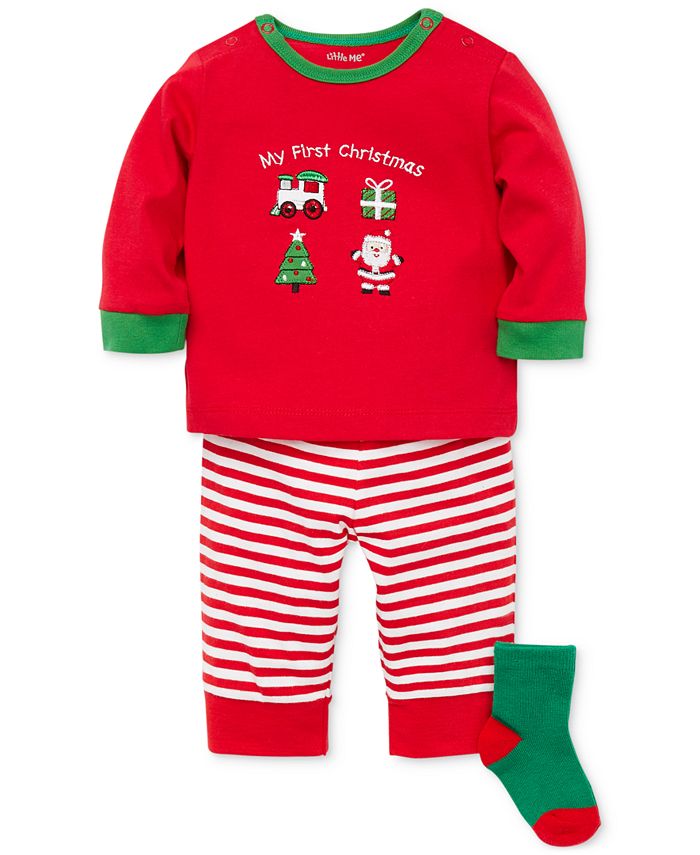 Little Me Baby Boys 3-Pc. Santa-Print T-Shirt, Striped Pants & Socks ...