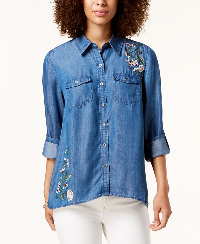 Style & Co Embroidered Button-Front Shirt, Created for Macy's - Macy's