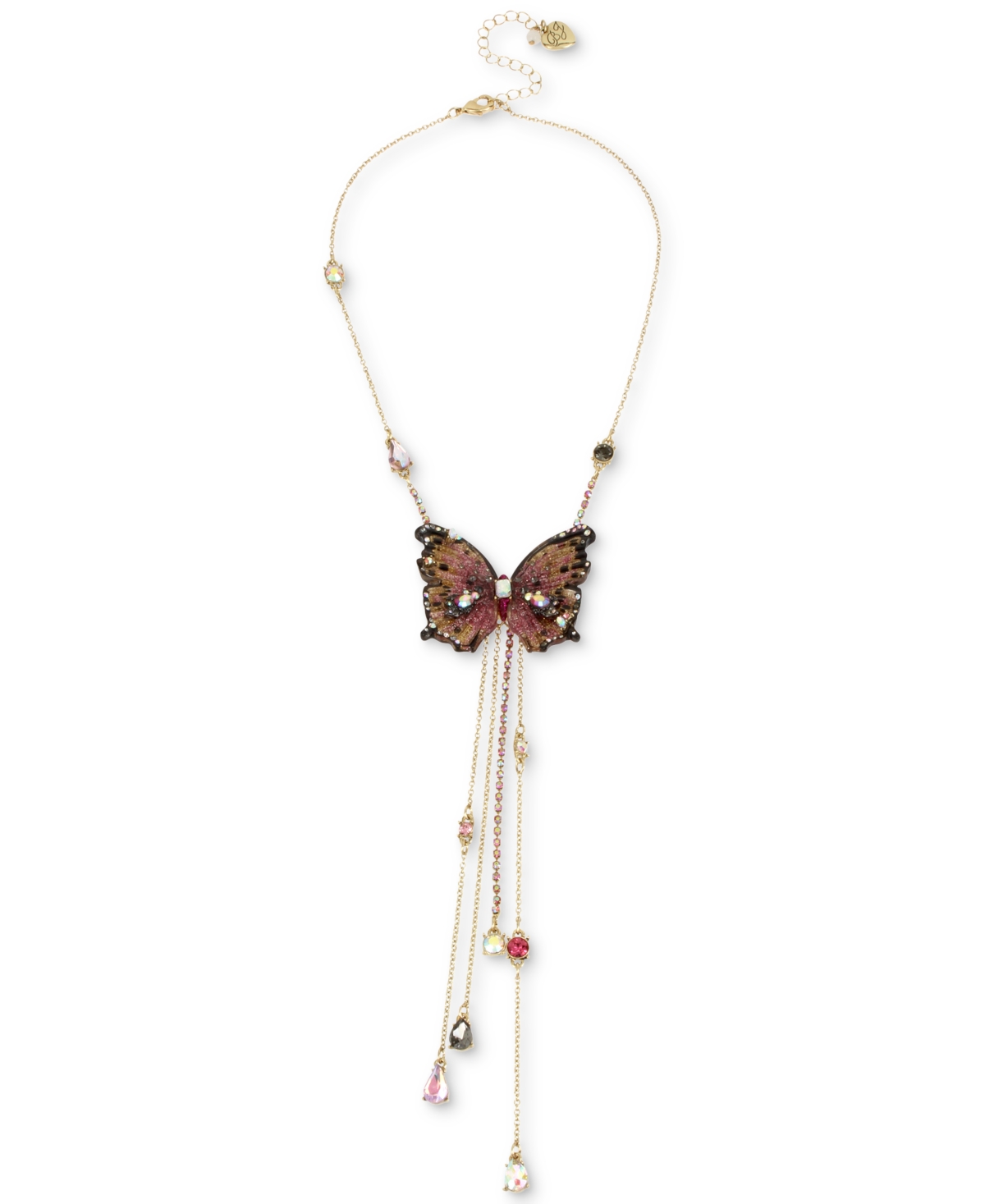 Gold-Tone Bead & Butterfly 16" Lariat Necklace - Pink