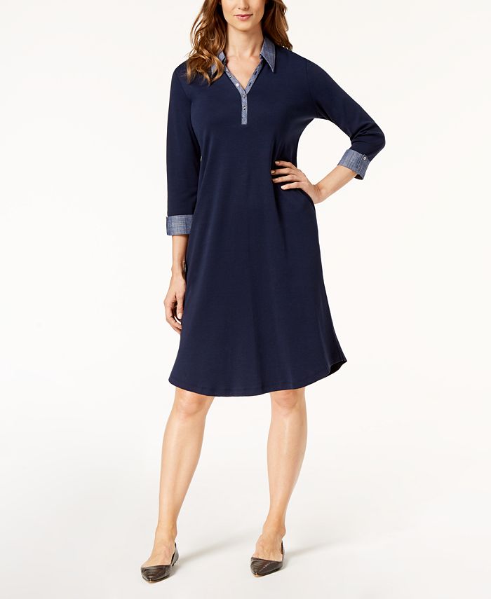 Karen Scott Petite Cotton Cuffed-Sleeve Dress, Created for Macy's