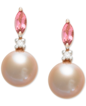 image of Pink Cultured Freshwater Pearl (7mm),Pink Tourmaline (1/3 ct. t.w.) & Diamond Accent Drop Earrings in 14k Rose Gold