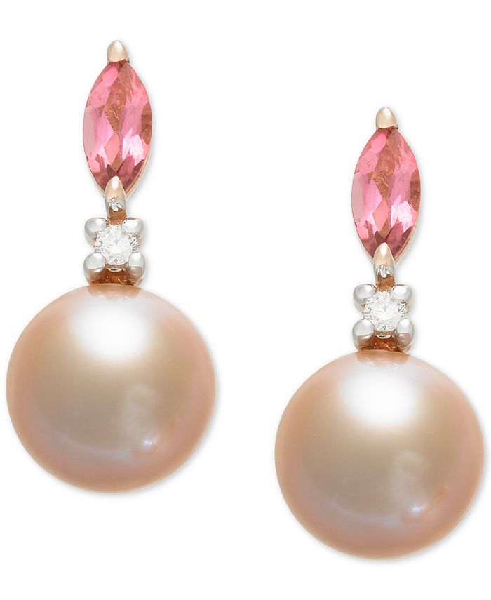 Macy's - Pink Cultured Freshwater Pearl (7mm),Pink Tourmaline (1/3 ct. t.w.) & Diamond Accent Drop Earrings in 14k Rose Gold