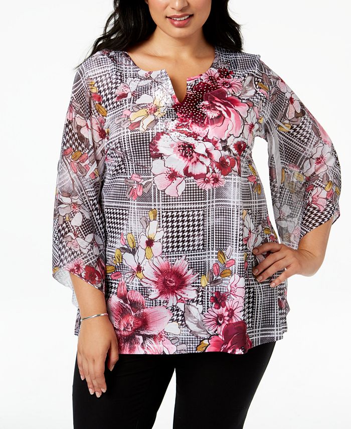 JM Collection Plus Size Printed Embellished Top, Created for Macy's ...