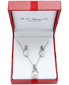 Cultured Freshwater Pearl (8 & 9mm) and Diamond Accent Pendant Necklace and Earrings Set in Sterling Silver or 14k Gold Over Silver