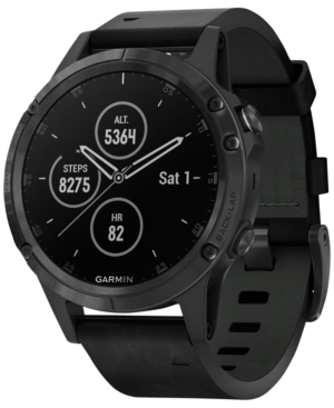 image of Garmin Unisex fenix 5 Plus Black Leather Strap Smart Watch 47mm