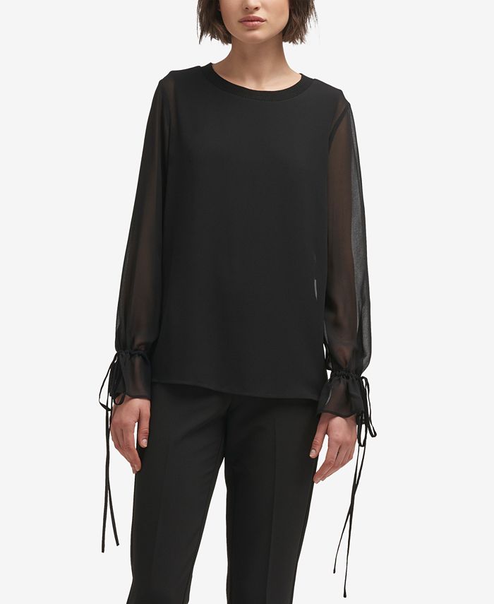 DKNY Women's Sheer Pleated Blouse White Size Large