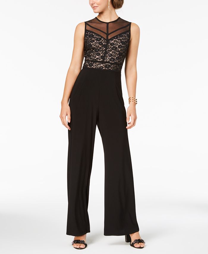 Nightway Embellished Lace Contrast Jumpsuit - Macy's
