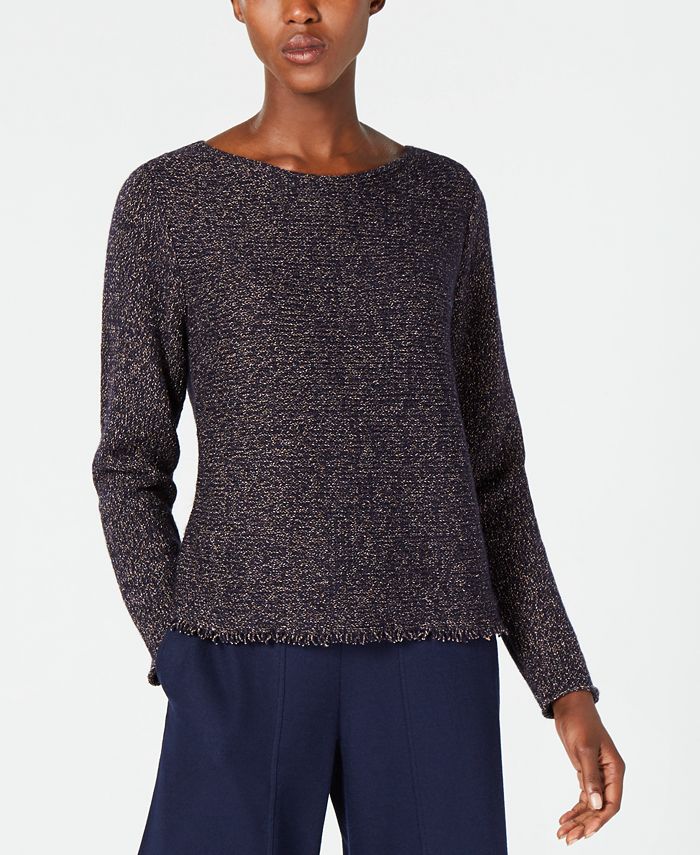 Eileen Fisher Wool Blend Long Sleeve Fringe Hem Sweater Macy s