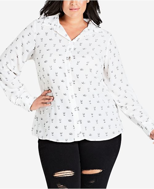 City Chic Trendy Plus Size Cat Print Shirt Reviews Tops Plus
